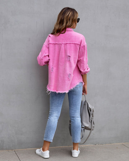 Veste femme décontractée style denim avec finitions effilochées ✨
