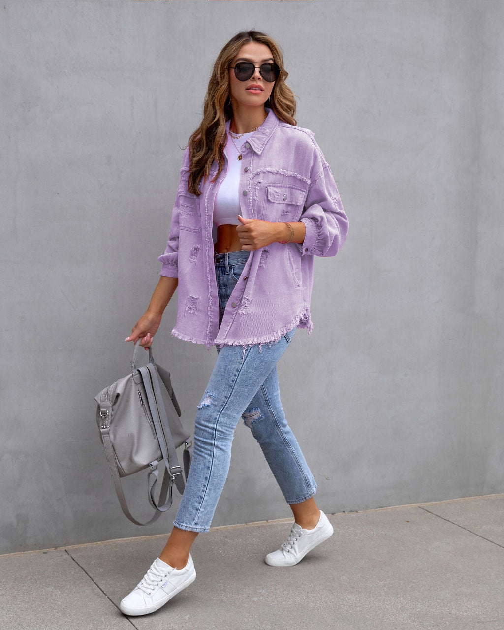 Veste femme décontractée style denim avec finitions effilochées ✨