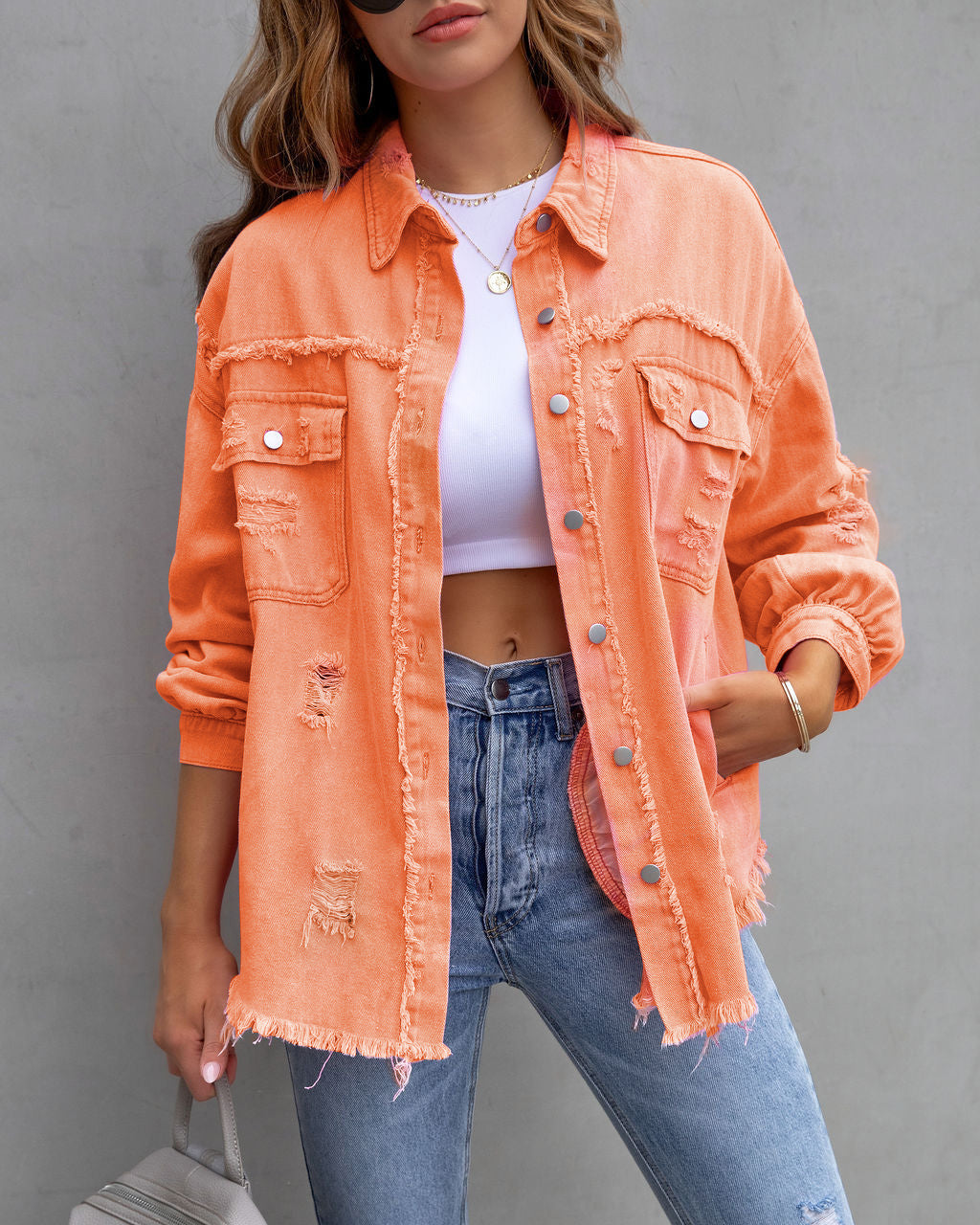 Veste femme décontractée style denim avec finitions effilochées ✨