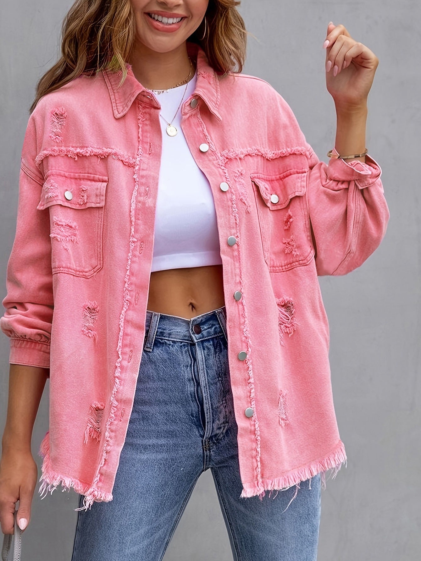 Veste femme décontractée style denim avec finitions effilochées ✨